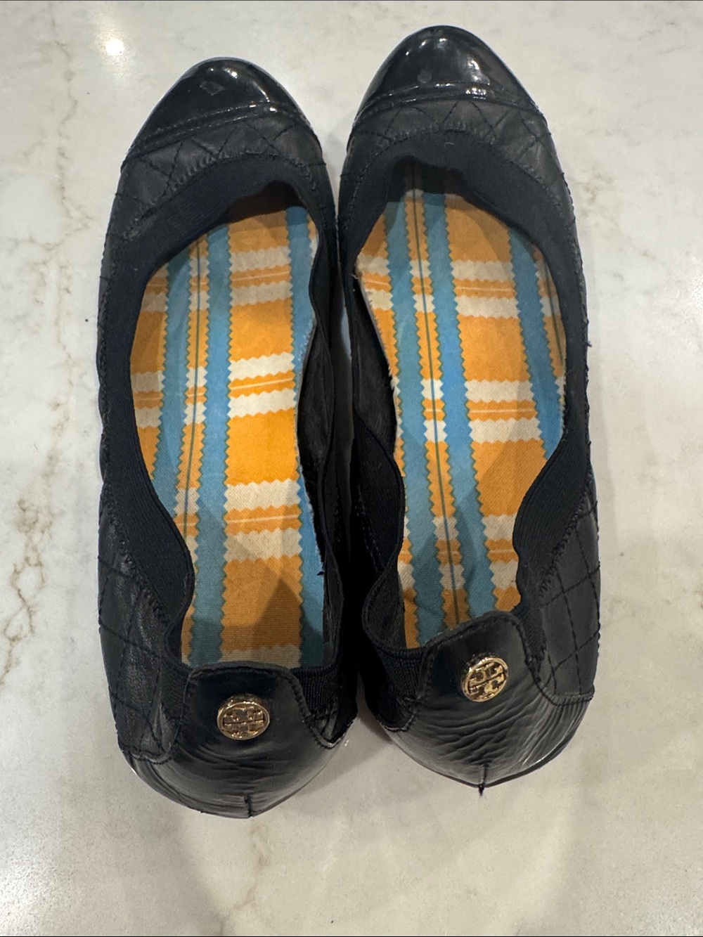 Black Quilted Women’s Ballet Flats with Gold Accent